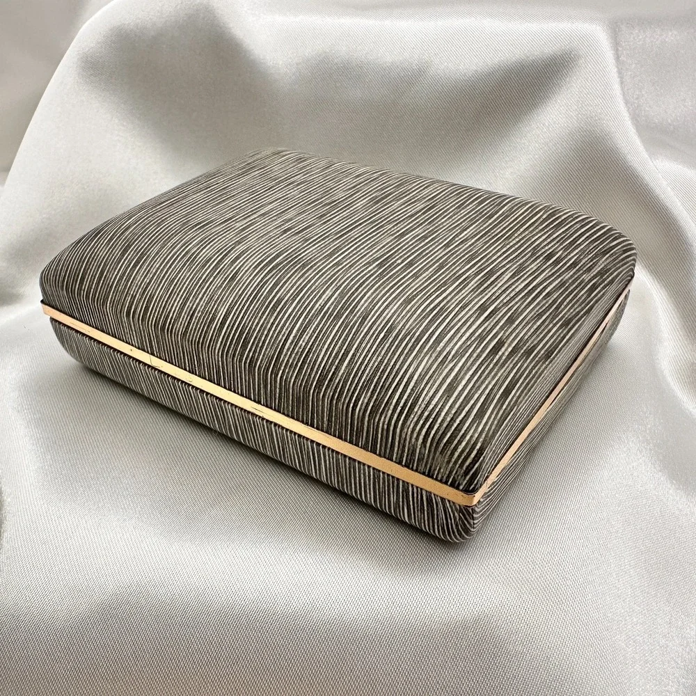 Vintage 80s Krementz Grey Textured Silk Presentation Box Gold Tone Trim Jewelry